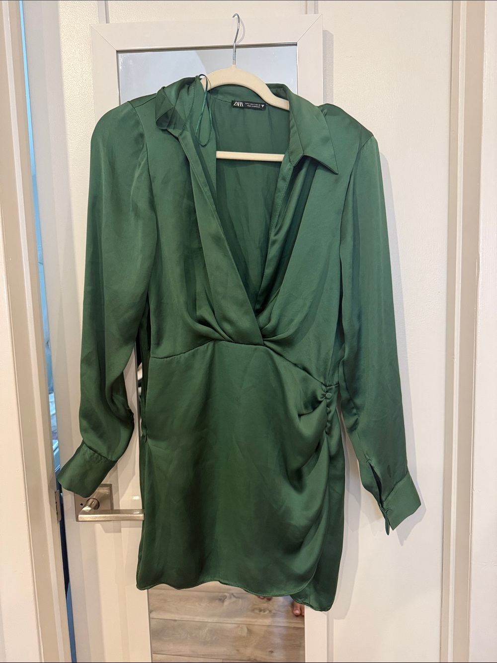 Zara Emerald Green Satin Long Sleeve Mini Dress